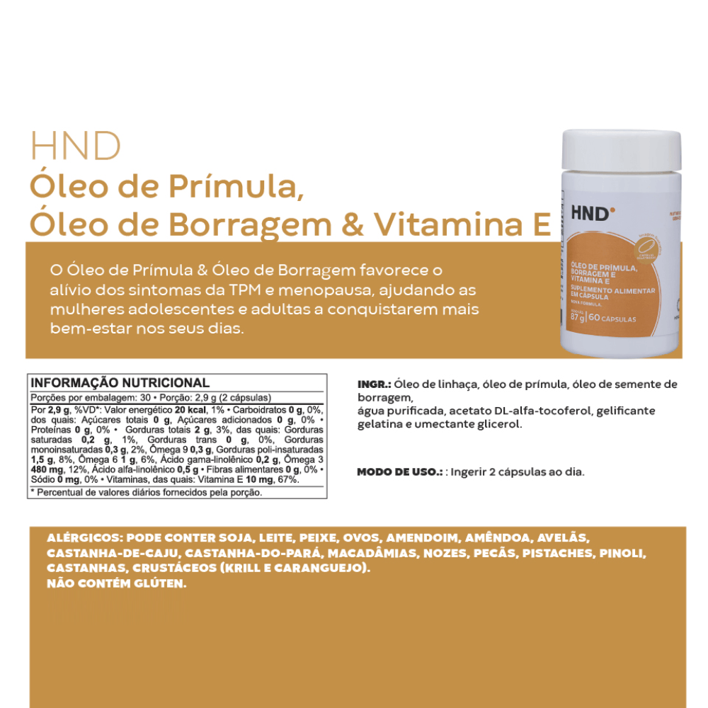 Miniatura 2 do produto Suplemento Alimentar Óleo de Prímula, Borragem & Vitamina E 60 Cápsulas HND