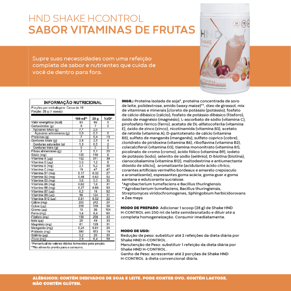 Miniatura 5 do produto Shake H-Control Sabor Vitamina de Frutas HND 450g