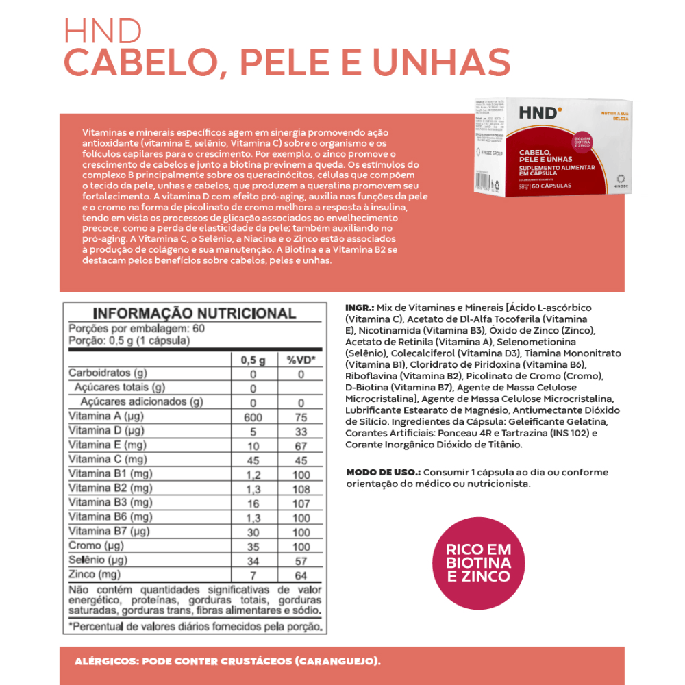 Miniatura 6 do produto Suplemento Alimentar em Cápsula Cabelo, Pele e Unha HND